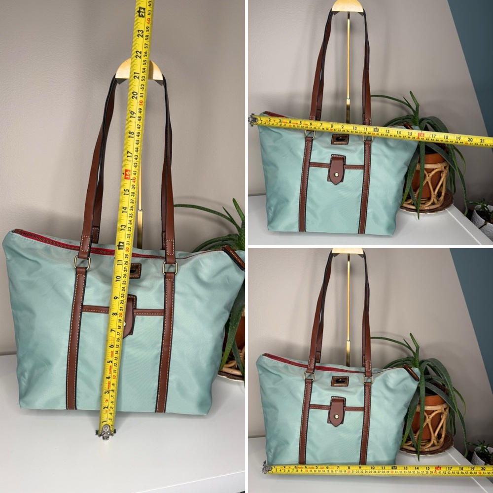 Dooney & Bourke Mint Nylon Shopper Tote + Pouch Leather Trim Stripe Lining - Picture 9 of 13